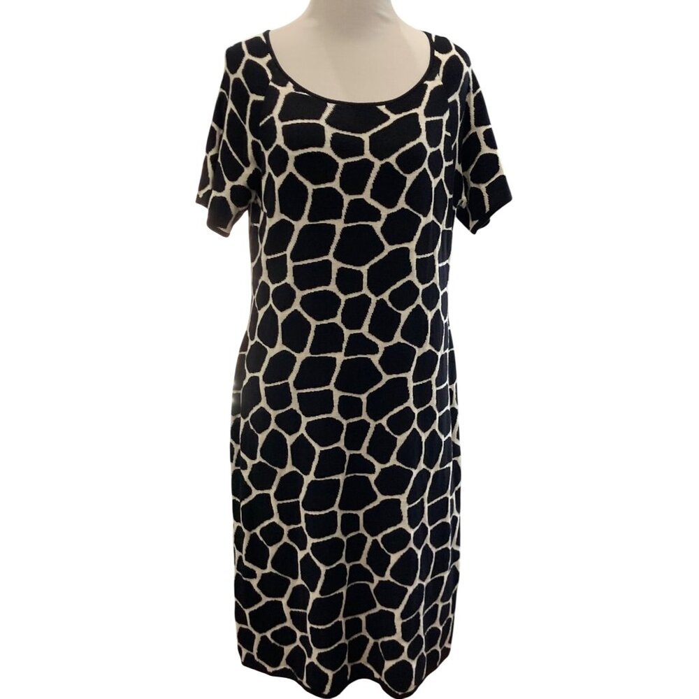 Talbots Animal Print Dress Womens M Black Cream Giraffe Tight Knit Short Sleeve